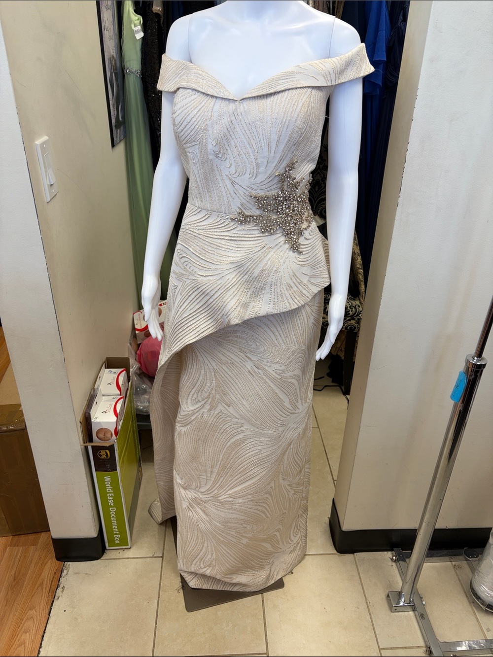 Off-Shoulder champagne gold Evening Gown with Beaded Accent and peplum size 16